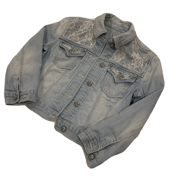 Miss Me Denim Jacket Blue Jean Junior Girls Small Lace Bling